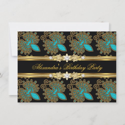 Teal Blue Gold Black Elegant Birthday Party Invitation