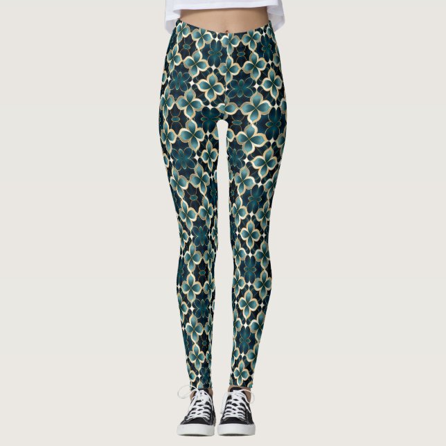 Teal Blue Gold Black Floral Art Deco Inspired Gym Leggings (Front)