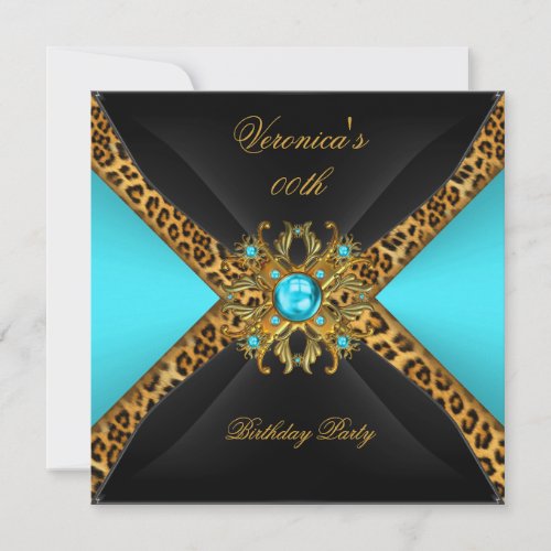 Teal Blue Gold Black Leopard Jewel Birthday Party Invitation