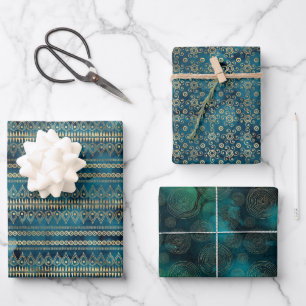 Teal Blue Gold Boho  Wrapping Paper Sheets