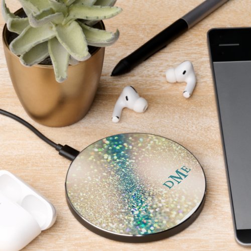 Teal Blue Gold Bokeh Glitter Monogram Wireless Charger