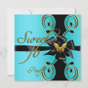 Teal Blue Gold Butterfly Sweet 16 Sweet Sixteen Invitation
