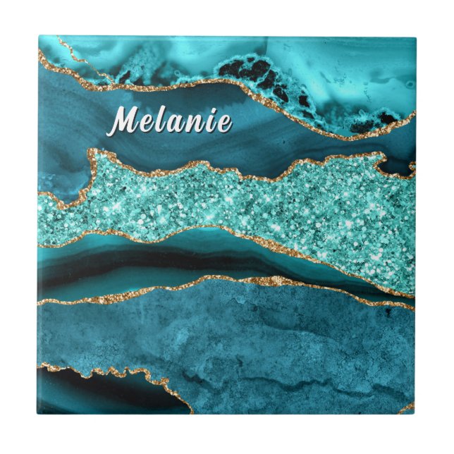 Teal Blue Gold Ceramic Tile Personalized Name (Front)