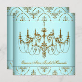 Teal Blue Gold Chandelier Quinceanera Invitation (Front/Back)