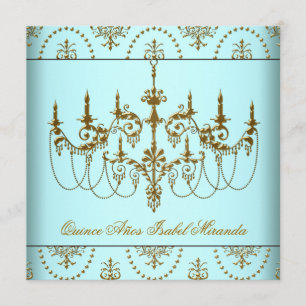 Teal Blue Gold Chandelier Quinceanera Invitation