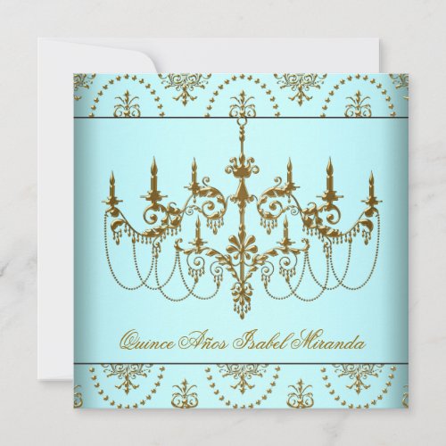 Teal Blue Gold Chandelier Quinceanera Invitation