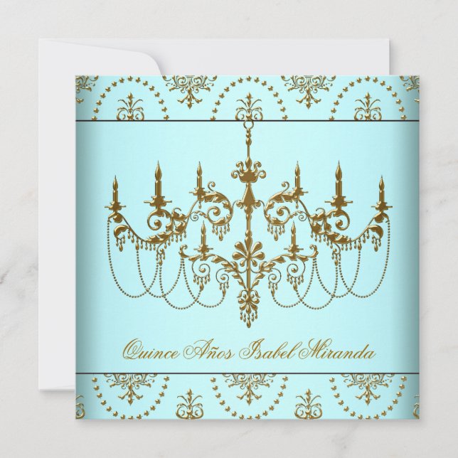Teal Blue Gold Chandelier Quinceanera Invitation (Front)