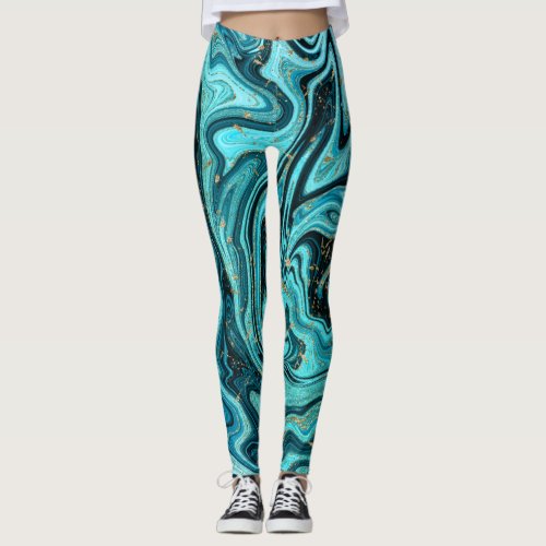 Teal Blue  Gold Chic Swirl Modern Abstract Leggings