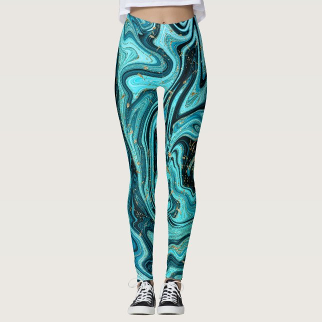 Teal Blue & Gold Chic Swirl Modern Abstract Leggings (Front)
