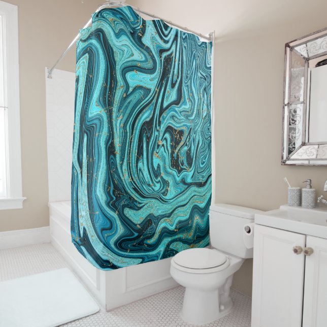 Teal Blue & Gold Chic Swirl Modern Abstract Shower Curtain (In Situ)