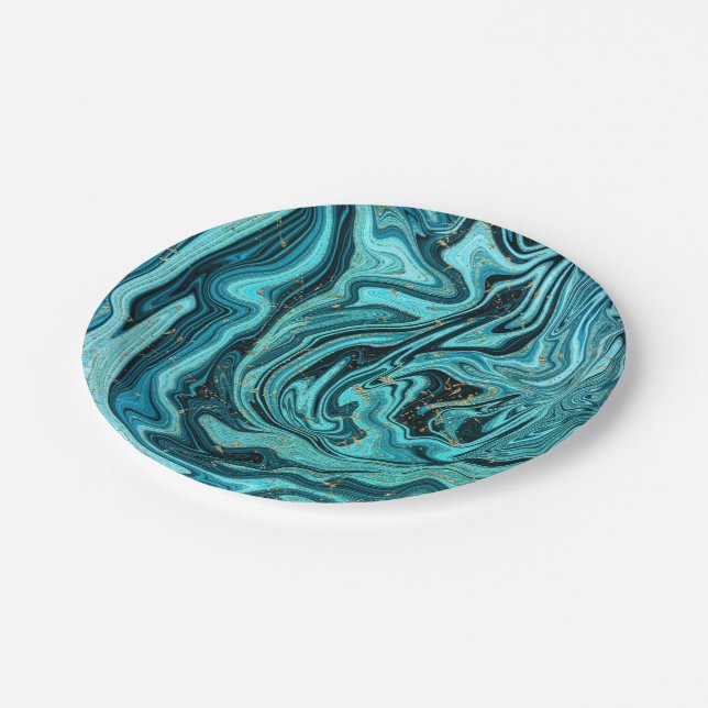 Teal Blue & Gold Chic Swirl Modern Wedding Paper Plates (Angled)