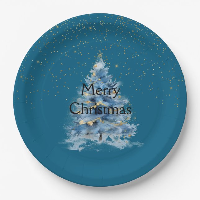 Teal Blue Gold Confetti Dots Christmas Tree Paper Plates (Front)