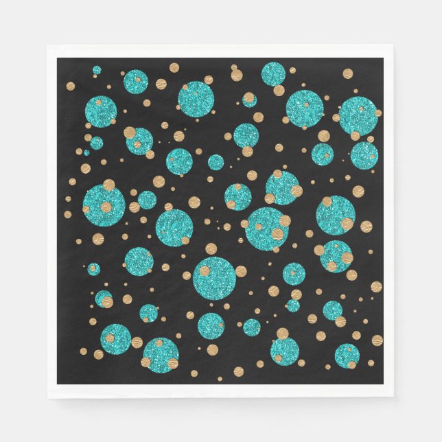 Teal Blue Gold Confetti Polka Dots Paper Napkins (Front)