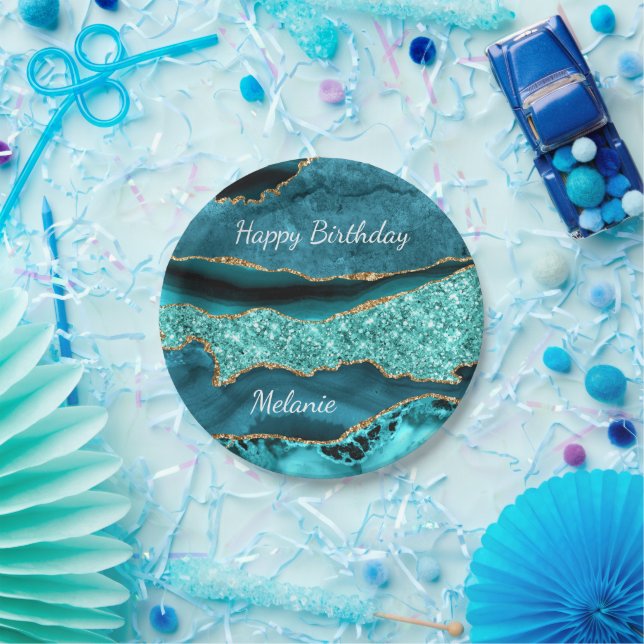 Teal Blue Gold Custom Name Birthday Paper Plates (Party)