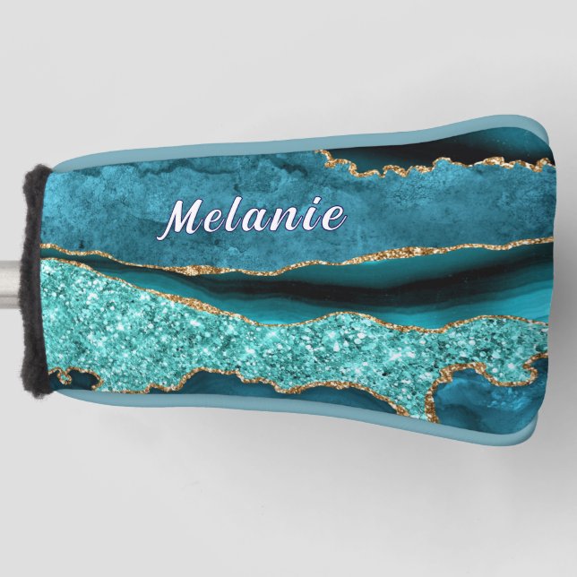 Teal Blue Gold Custom Name Golf Head Cover Gift (Front)