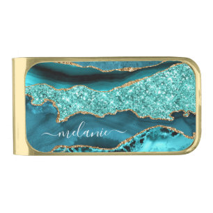 Teal Blue Gold Custom Your Name Money Clip Gift