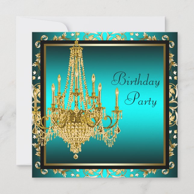 Teal Blue Gold Damask Chandelier Birthday Party Invitation (Front)