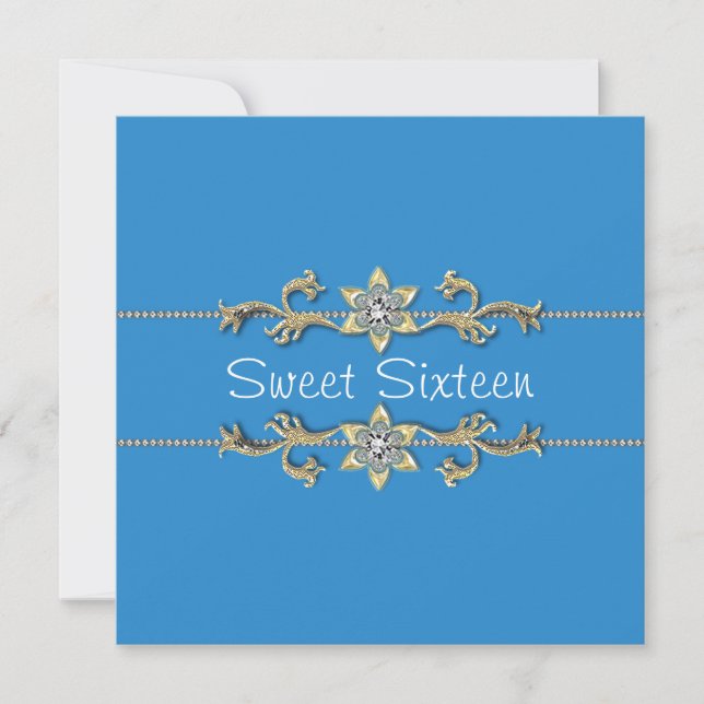 Teal Blue Gold Diamond Sweet Sixteen Invitation (Front)