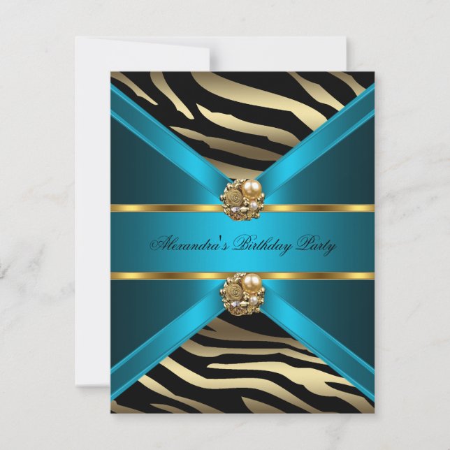 Teal Blue Gold Elegant Zebra Black Birthday Party Invitation (Front)