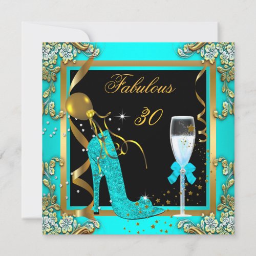Teal Blue Gold Fabulous 30 Birthday Party Invitation