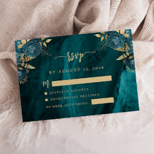 Teal Blue Gold Floral Agate Script Wedding RSVP Enclosure Card