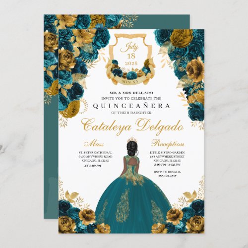 Teal Blue  Gold Floral Elegant Quinceaera Invitation