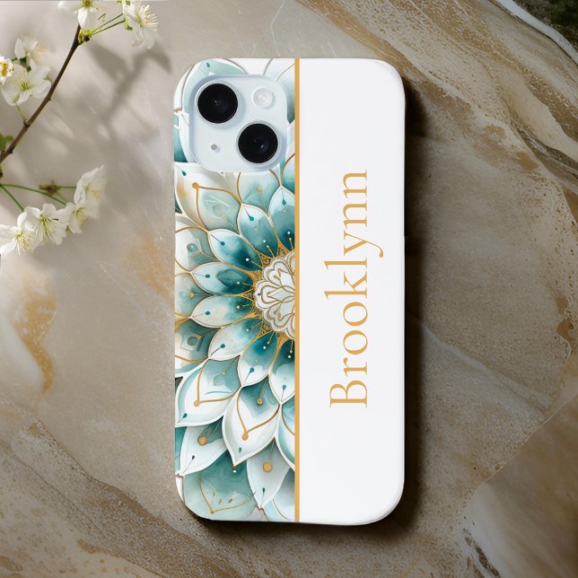Teal Blue Gold Floral Mandala Personalized  Case-Mate iPhone Case (Creator Uploaded)