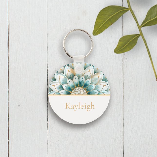 Teal Blue Gold Floral Mandala Personalized Keychain (Creator Uploaded)