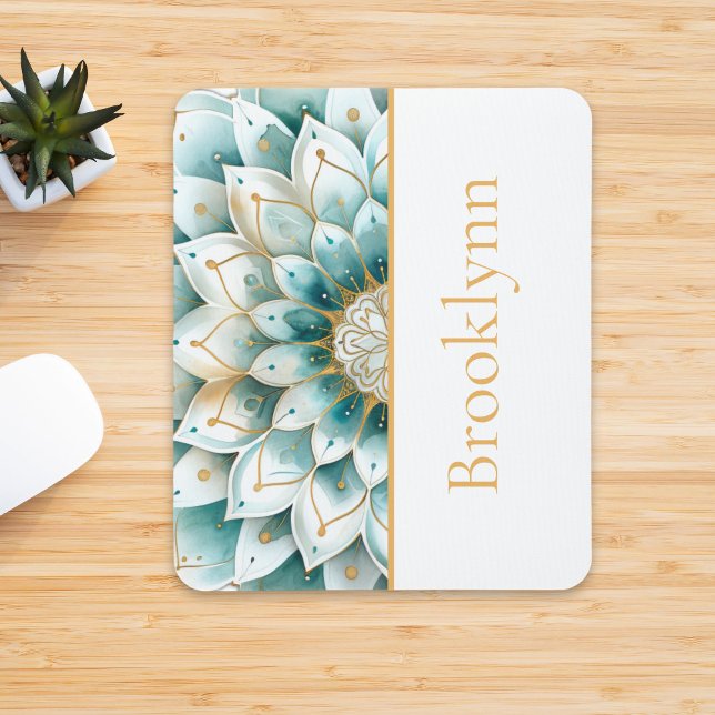 Teal Blue Gold Floral Mandala Personalized  Mouse Pad (Creator Uploaded)