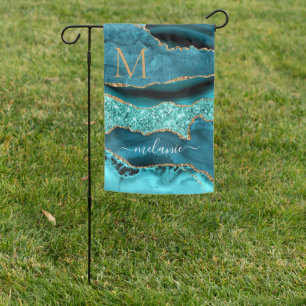 Teal Blue Gold Garden Flag Custom Name and Letter