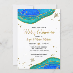 Teal Blue & Gold Geode Agate Hanukkah Holiday Invitation