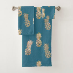Teal Blue Gold Glam Pineapples Bath Towel Set