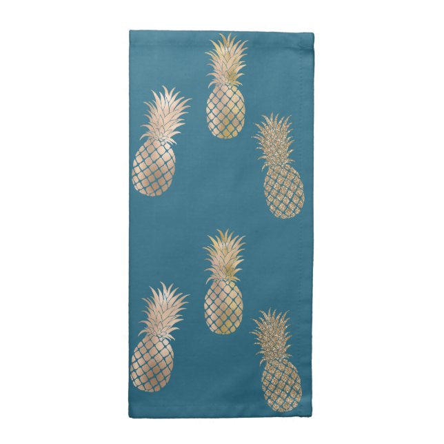 Teal Blue Gold Glam Pineapples Cloth Napkin (Half Fold)