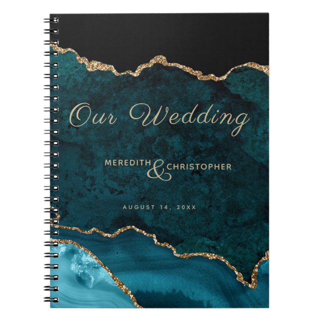 Teal Blue Gold Glitter Agate Our Wedding Notebook (Front)