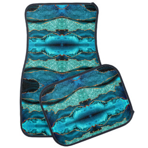 Teal Blue Gold Glitter Aqua Marble Car Floor Mat