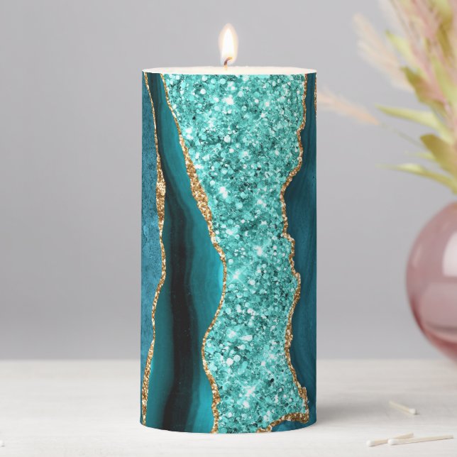 Teal Blue Gold Glitter Aqua Turquoise Candle (In Situ)