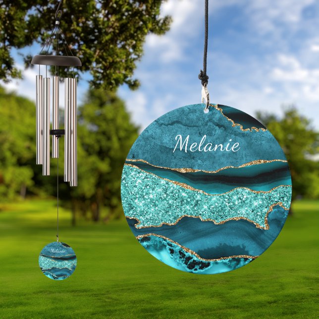 Teal Blue Gold Glitter Aqua Turquoise Custom Name Wind Chime (Outdoor)