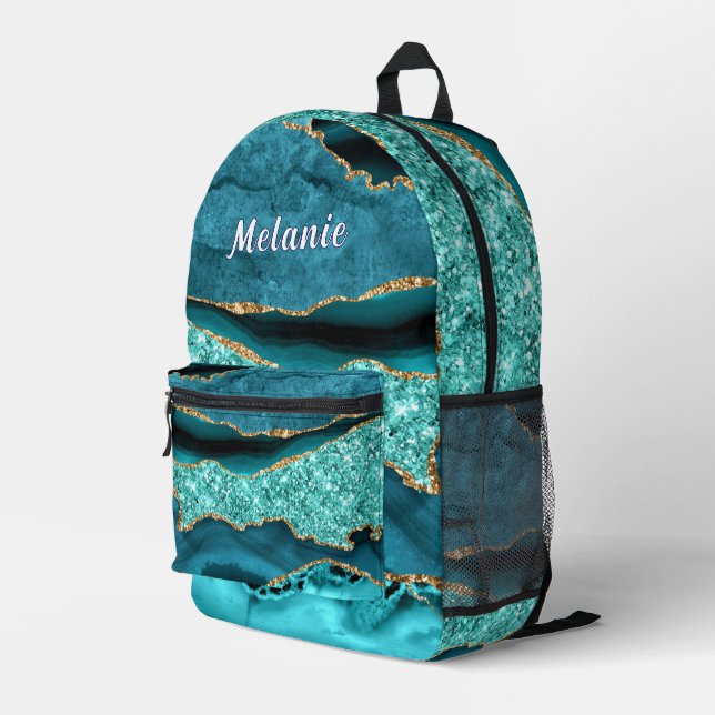 Teal Blue Gold Glitter Backpack with Custom Name (Back Corner Right)