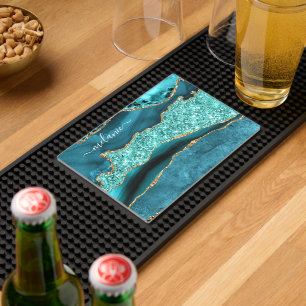 Teal Blue Gold Glitter Bar Mat with Custom Name