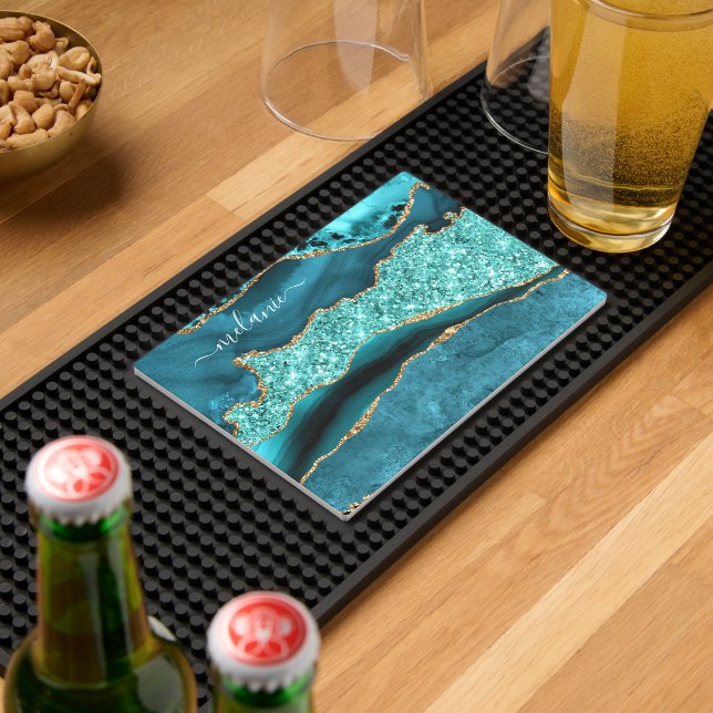 Teal Blue Gold Glitter Bar Mat with Custom Name (Insitu (Bar 2))