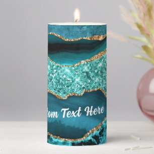 Teal Blue Gold Glitter Candle Personalized Text