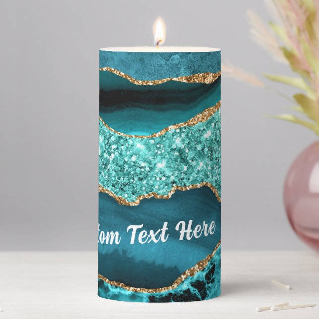 Teal Blue Gold Glitter Candle Personalized Text (In Situ)