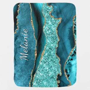 Teal Blue Gold Glitter Custom Name Baby Blanket