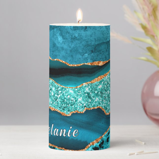 Teal Blue Gold Glitter Custom Name Candle Gift (In Situ)