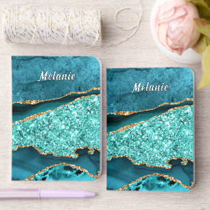 Teal Blue Gold Glitter Custom Name Foil Vow Books