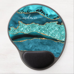Teal Blue Gold Glitter Custom Name Gel Mouse Pad