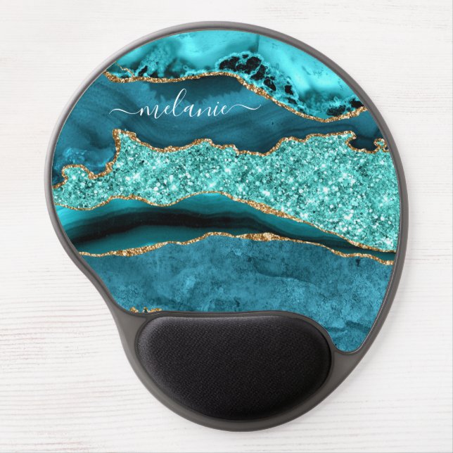 Teal Blue Gold Glitter Custom Name Gel Mouse Pad (Front)