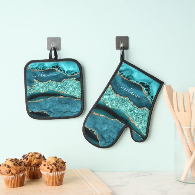 Teal Blue Gold Glitter Custom Name Personalized Oven Mitt & Pot Holder Set (Insitu(Hanging))
