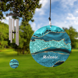 Teal Blue Gold Glitter Custom Name Personalized Wind Chime