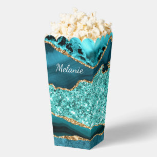Teal Blue Gold Glitter Custom Name Popcorn Box